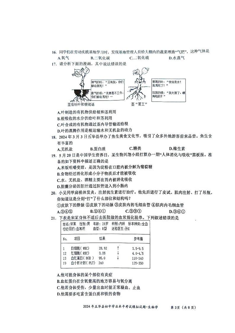 2024年广东省梅州市五华县中考模拟预测生物试题03