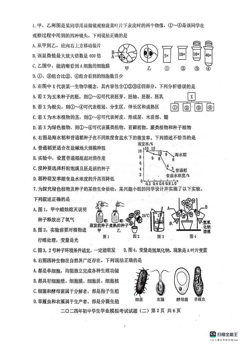 2024年山东省泰安市东平县八年级生物中考二模试题第2页