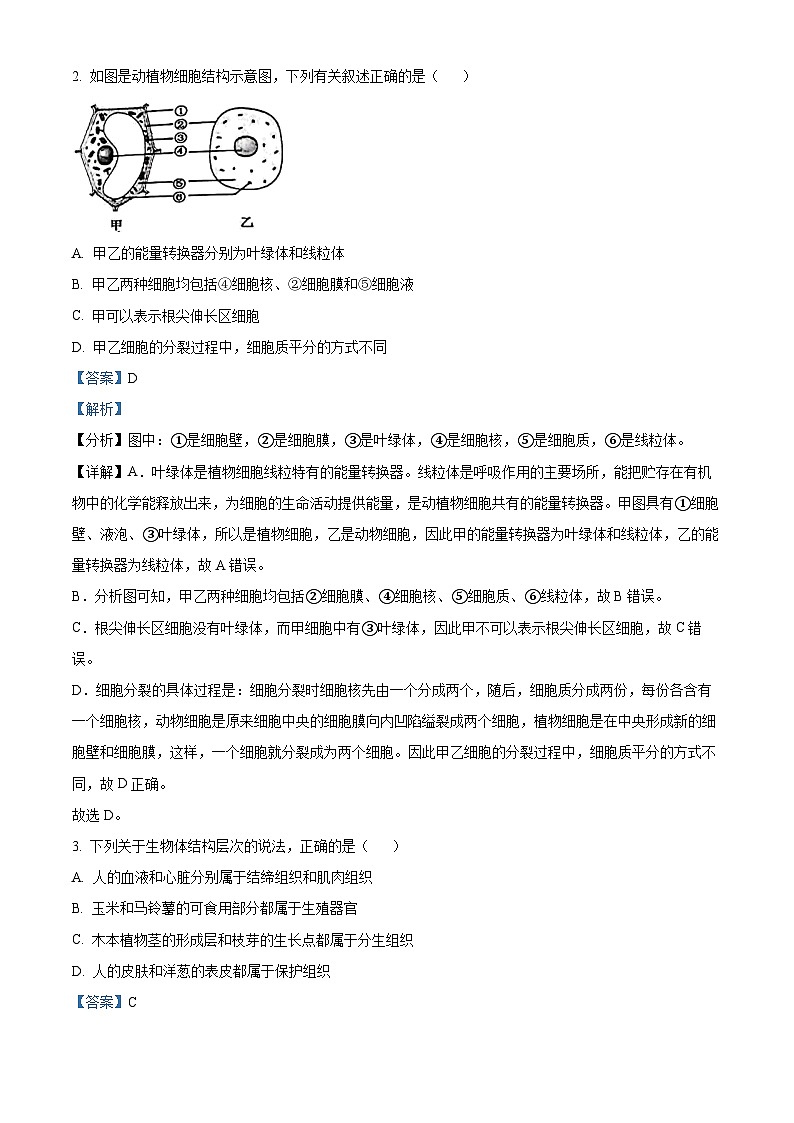 2024年山东省济南市历下区中考三模生物试题（原卷版+解析版）02