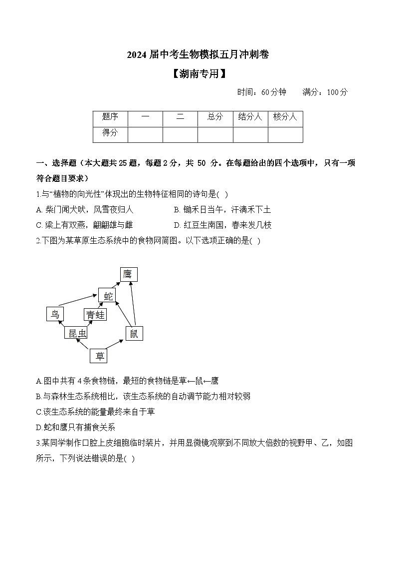 2024届中考生物模拟五月冲刺卷 【湖南专用】第1页