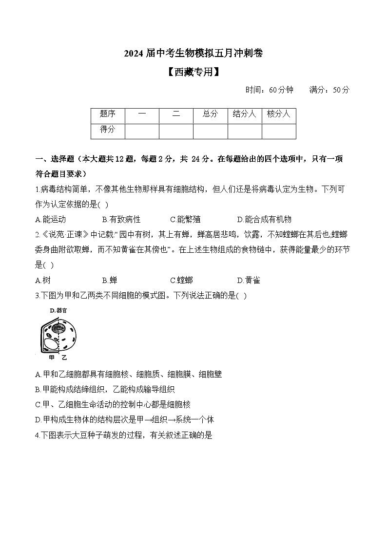 2024届中考生物模拟五月冲刺卷 【西藏专用】第1页