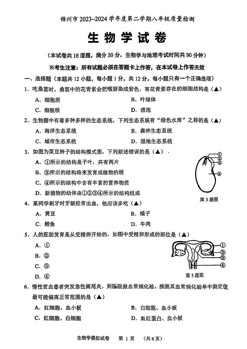 2024年辽宁省锦州市八年级中考二模生物试卷01
