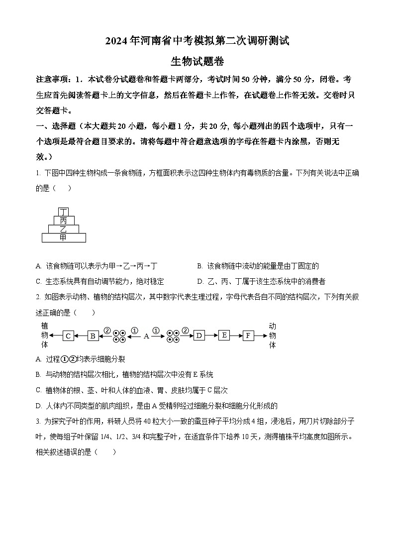 2024年河南省周口市郸城县中考二模生物试题（原卷版）第1页