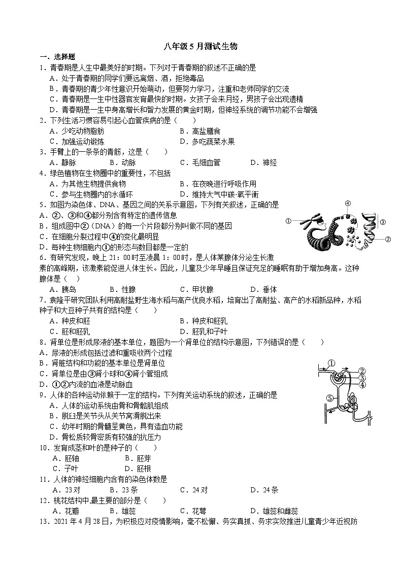 16，江苏省扬州市江都区实验初级中学2023-2024学年八年级下学期5月月考生物试题第1页