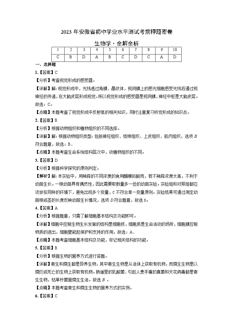 2023年中考考前押题卷：生物（安徽卷）(全解全析)01