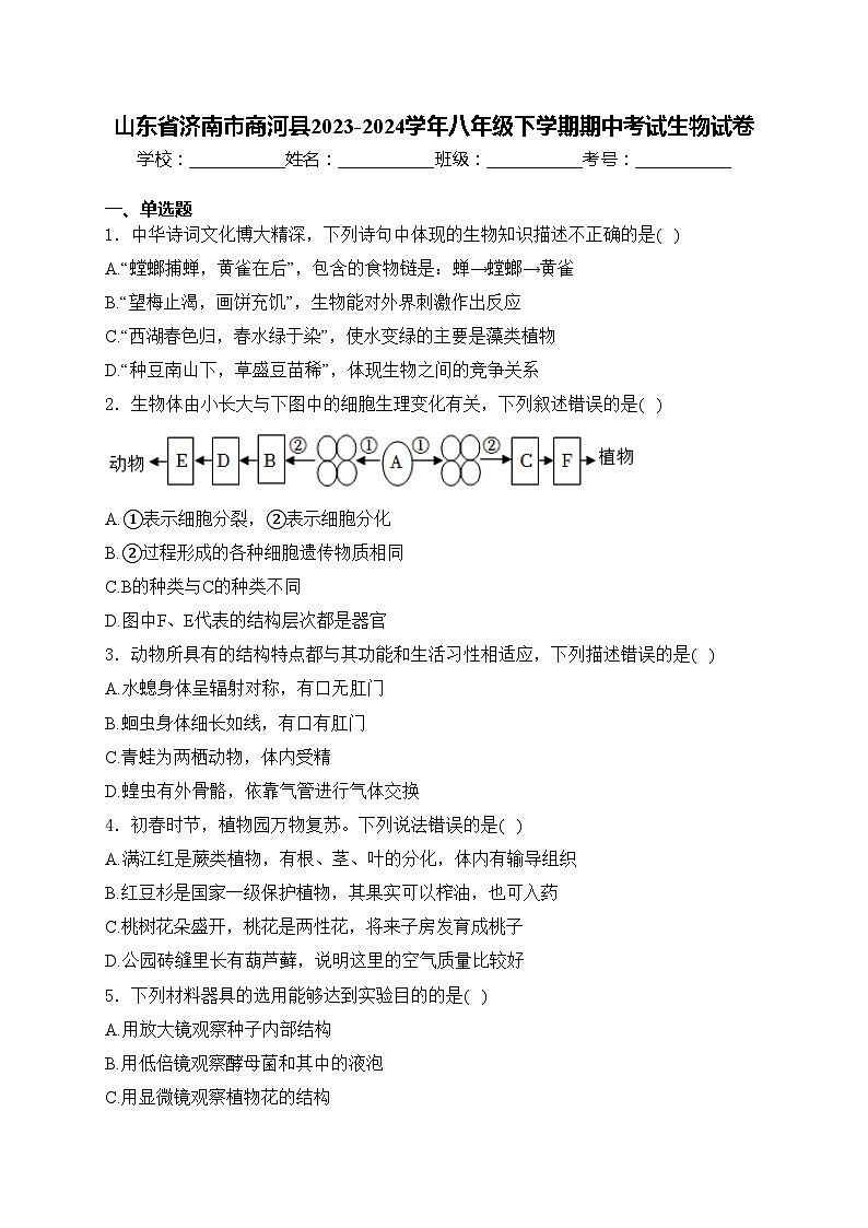 山东省济南市商河县2023-2024学年八年级下学期期中考试生物试卷(含答案)第1页