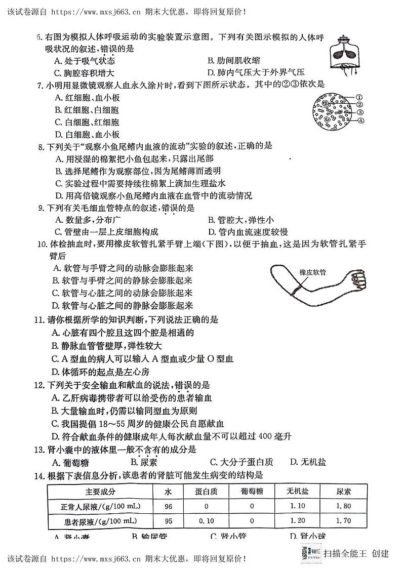 06，山西省临汾市杏园中学2023-2024学年七年级下学期5月月考生物试题02