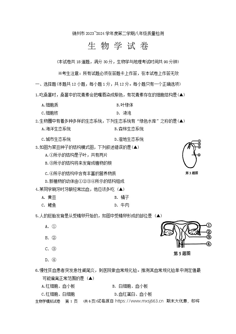 19，2024年辽宁省锦州市八年级中考二模生物试卷第1页