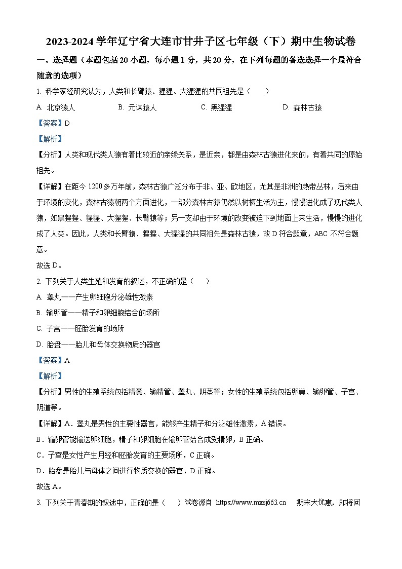 26，辽宁省大连市甘井子区2023-2024学年七年级下学期期中生物试题01