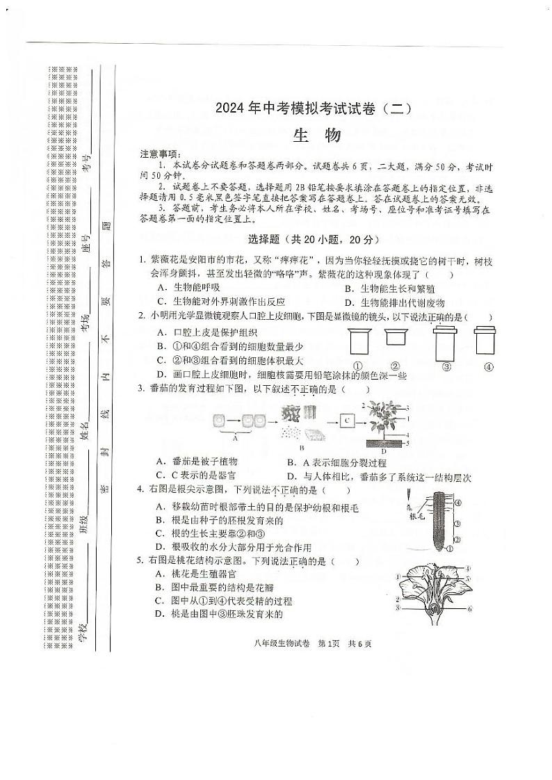 28，2024年河南省安阳市中考二模生物试题01