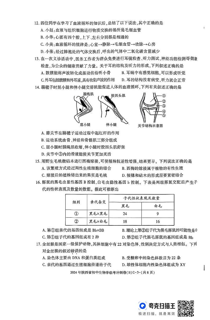 2024年陕西省渭南市临渭区初中学业水平考试生物学临考冲刺卷B第3页