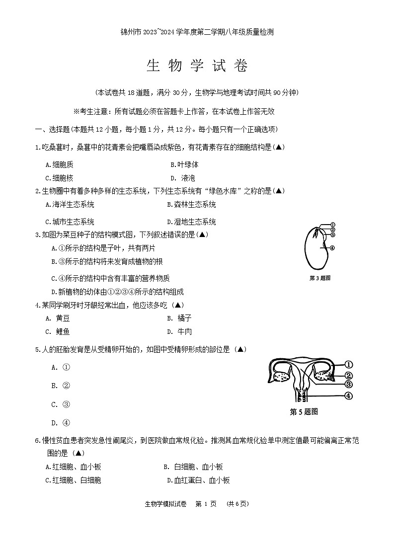 2024年辽宁省锦州市八年级中考二模生物试卷01