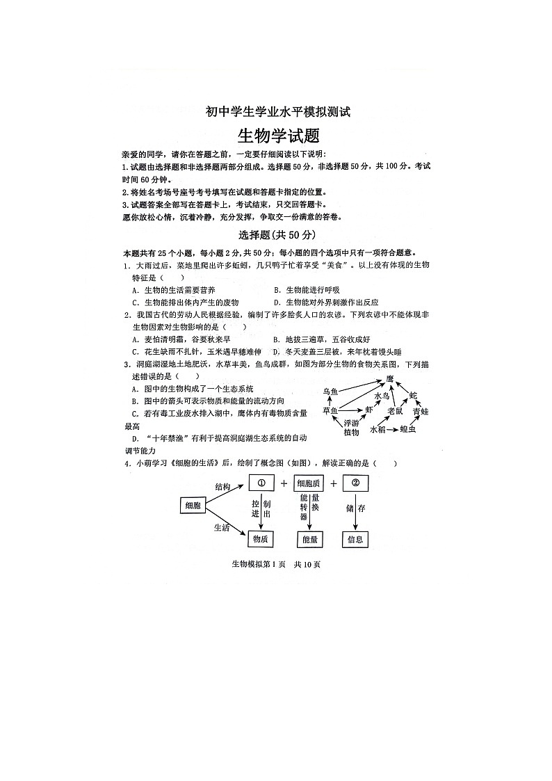 2024年山东省聊城市中考三模生物试题01
