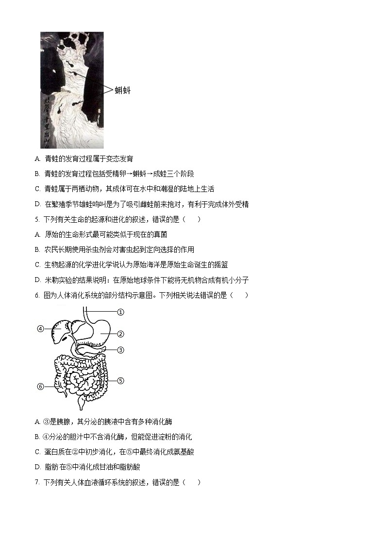 精品解析：四川省内江市2020年中考生物试题（原卷版+解析版）02