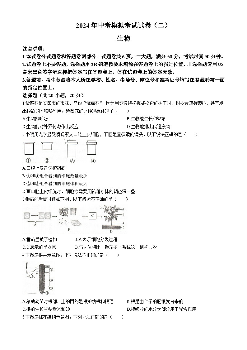 2024年河南省安阳市中考二模生物试题01