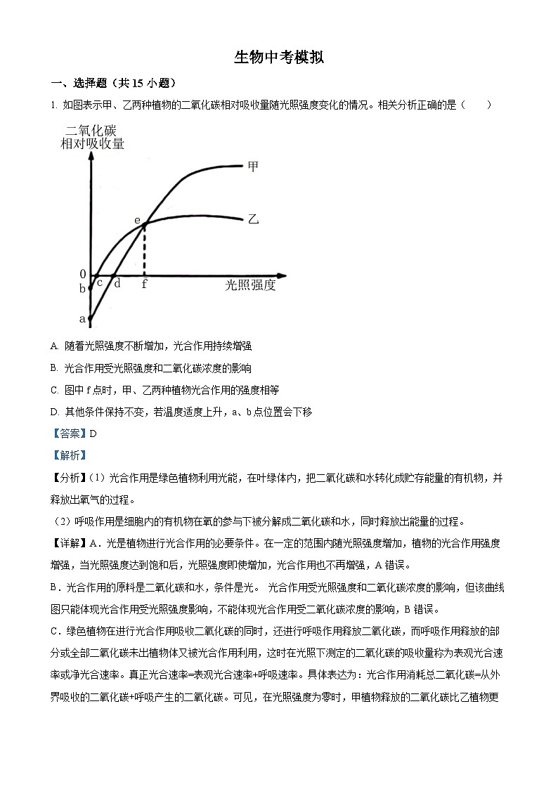 2024年山东省泰安市泰山区生物中考二模试题（学生版+教师版）01