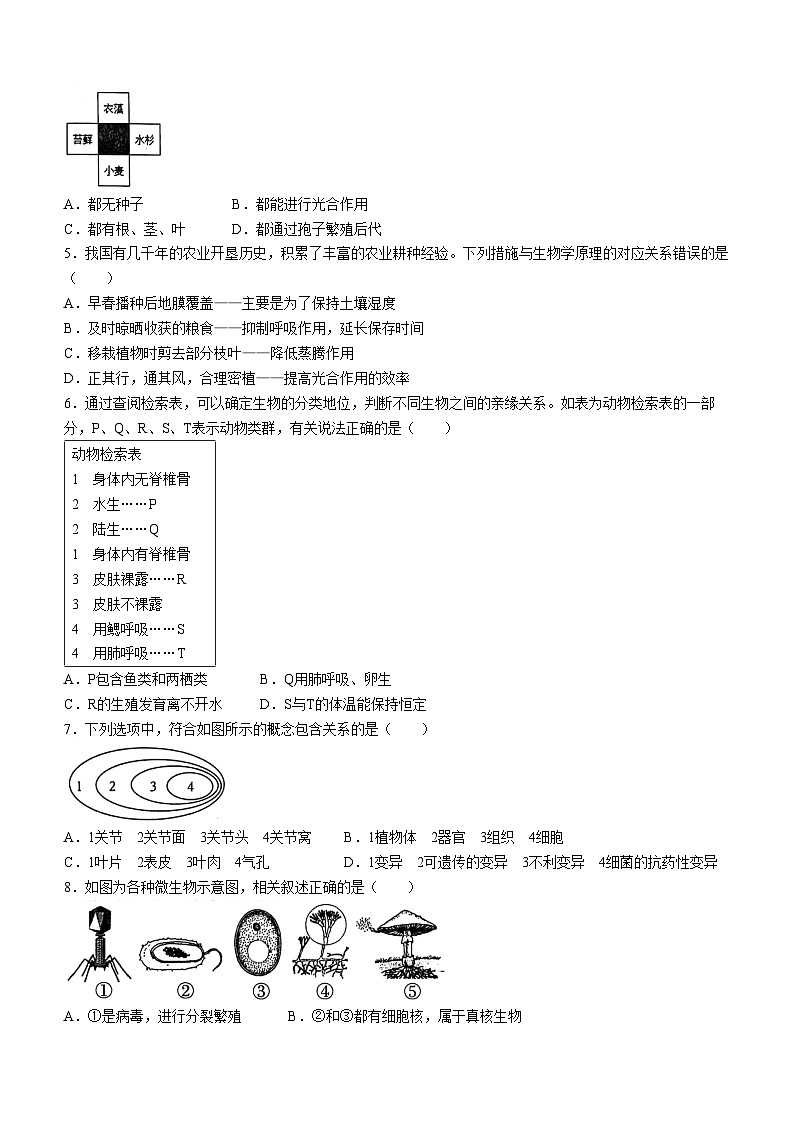 2024年山东省菏泽市单县中考三模生物试题(无答案)02