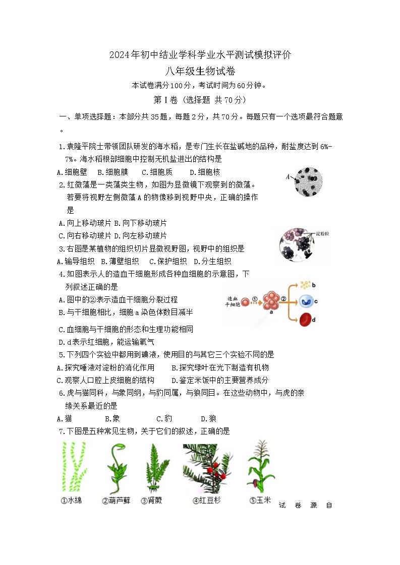 12，2024年江苏省扬中市中考二模生物试卷01