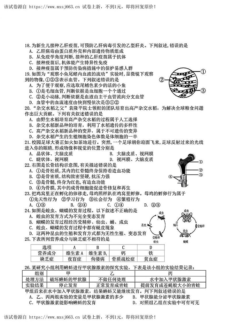 21，2024年安徽省宿迁市泗阳县中考三模考试生物试题第3页