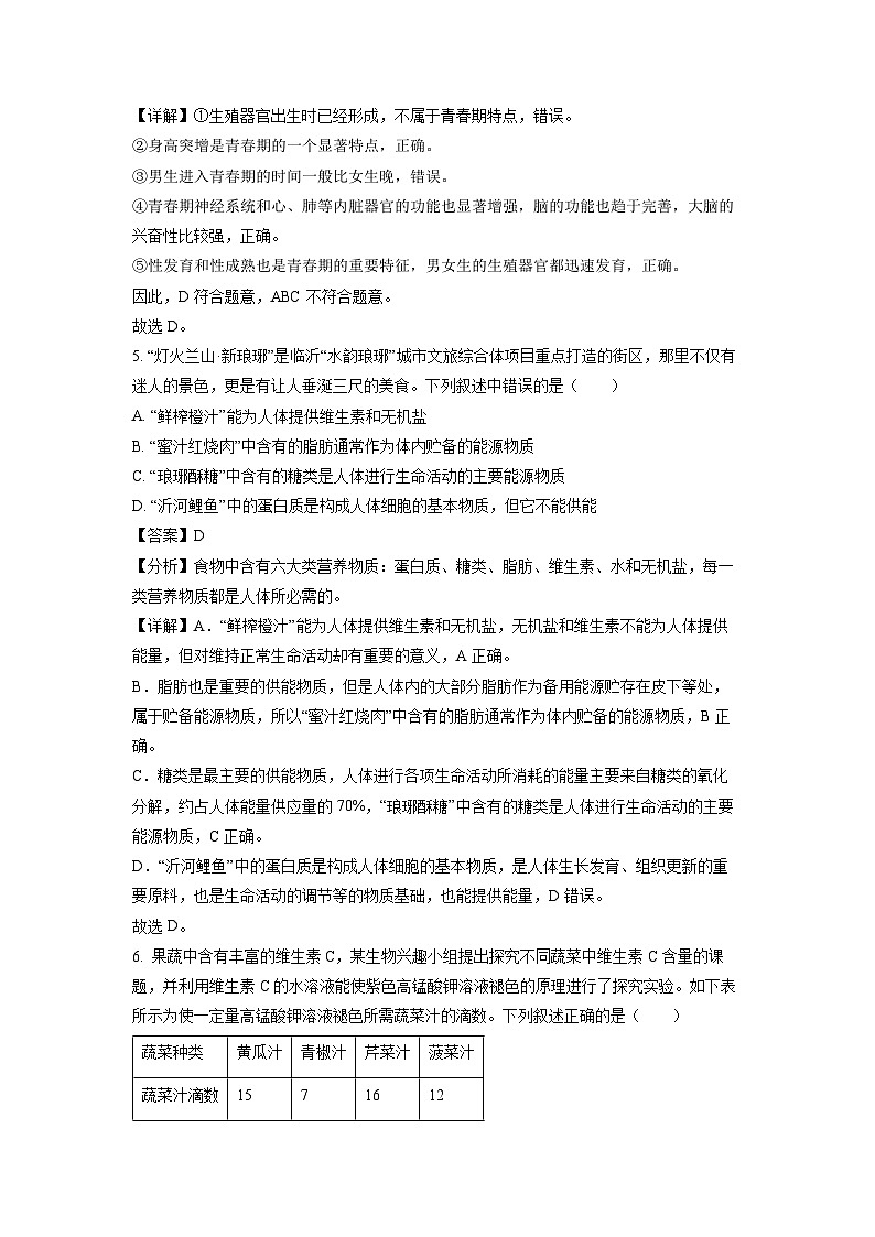 山东省临沂市罗庄区2023-2024学年七年级下学期期中生物试卷（解析版）第3页