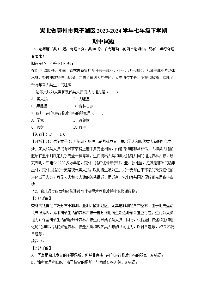 湖北省鄂州市梁子湖区2023-2024学年七年级下学期期中生物试卷（解析版）第1页