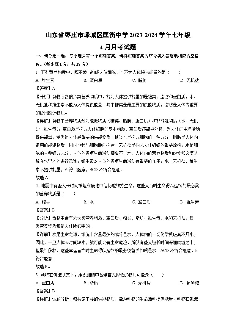 山东省枣庄市峄城区匡衡中学2023-2024学年七年级下学期4月月考生物试卷（解析版）01