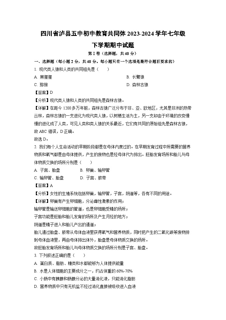 四川省泸县五中初中教育共同体2023-2024学年七年级下学期期中生物试卷（解析版）第1页