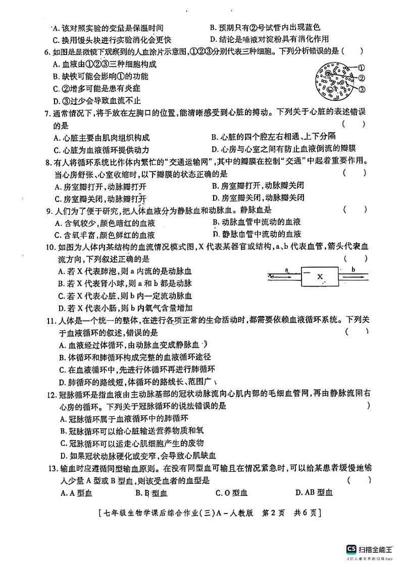 陕西省咸阳市永寿县上邑中学、豆家中学2023-2024学年七年级下学期5月月考联考生物试题02