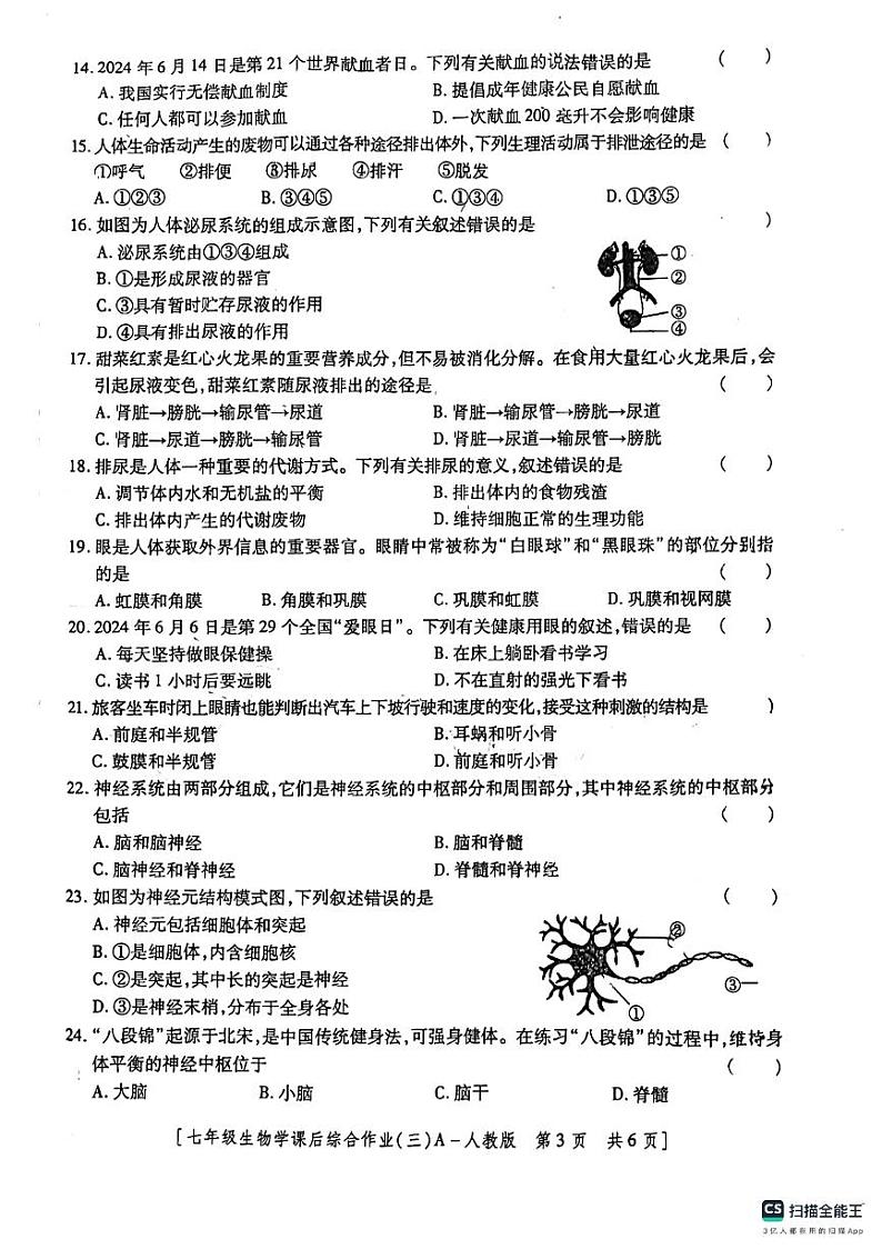 陕西省咸阳市永寿县上邑中学、豆家中学2023-2024学年七年级下学期5月月考联考生物试题03