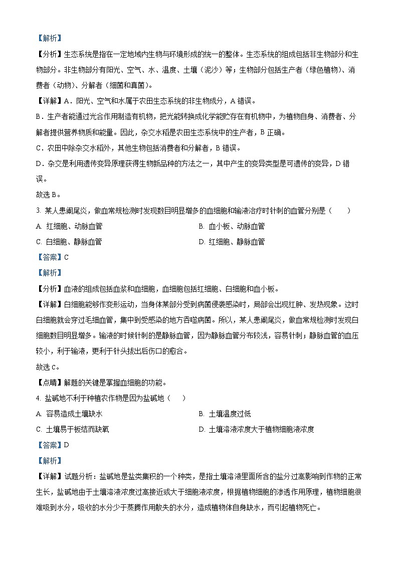 2024年江苏省盐城市响水县生物中考二模试题（学生版+教师版）02