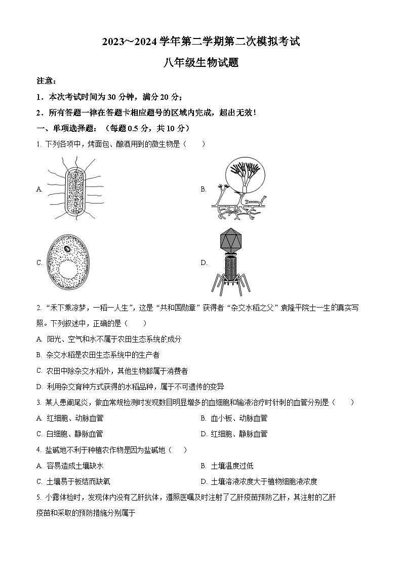 2024年江苏省盐城市响水县生物中考二模试题（学生版+教师版）01