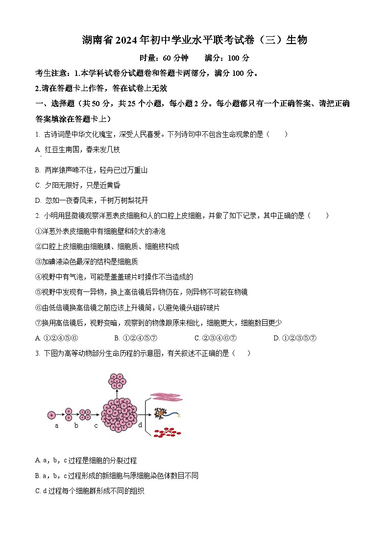 2024年湖南省常宁市中考三模生物试题（学生版）第1页
