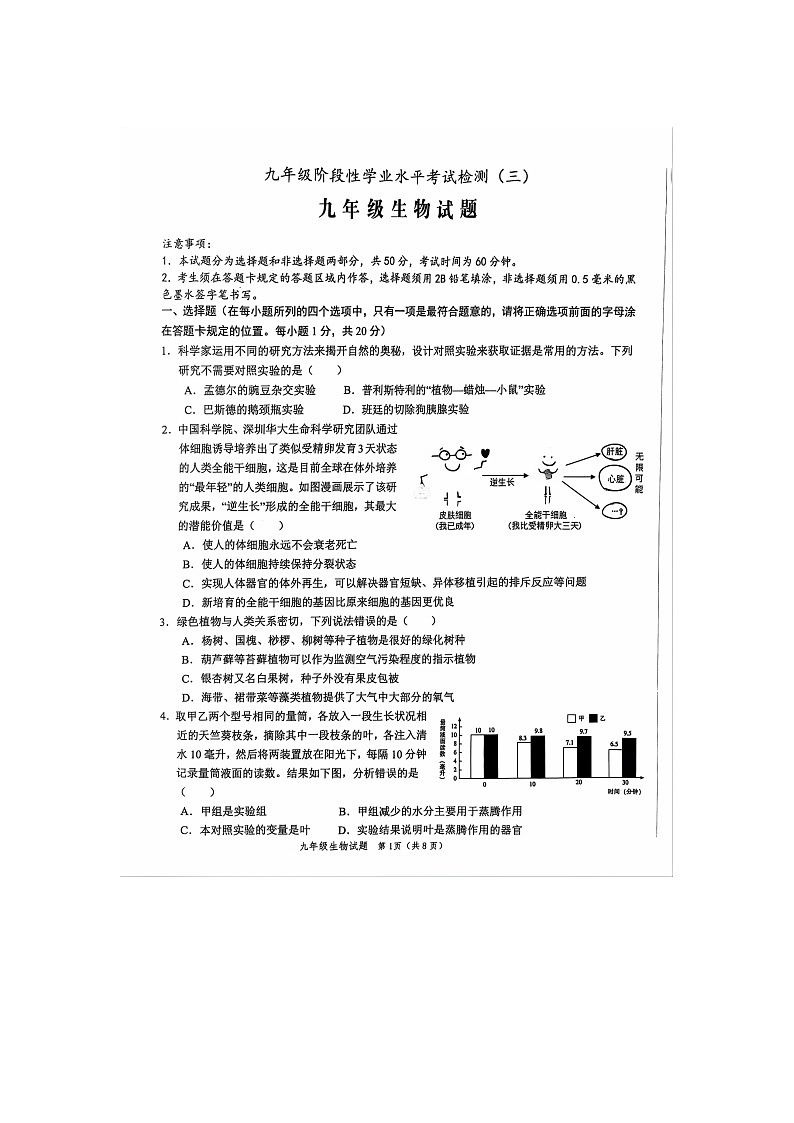 2024年山东省菏泽市鲁西新区九年级中考三模生物试题第1页