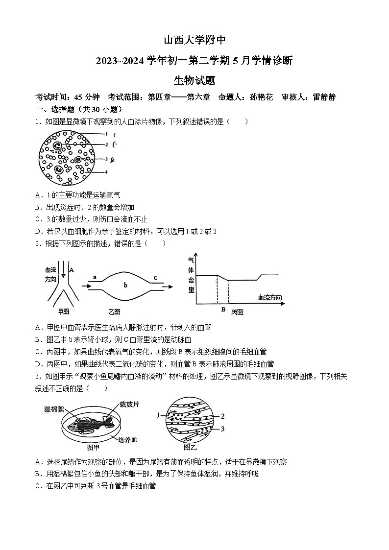 23，山西大学附属中学校2023-2024学年七年级下学期5月月考生物试题(无答案)第1页