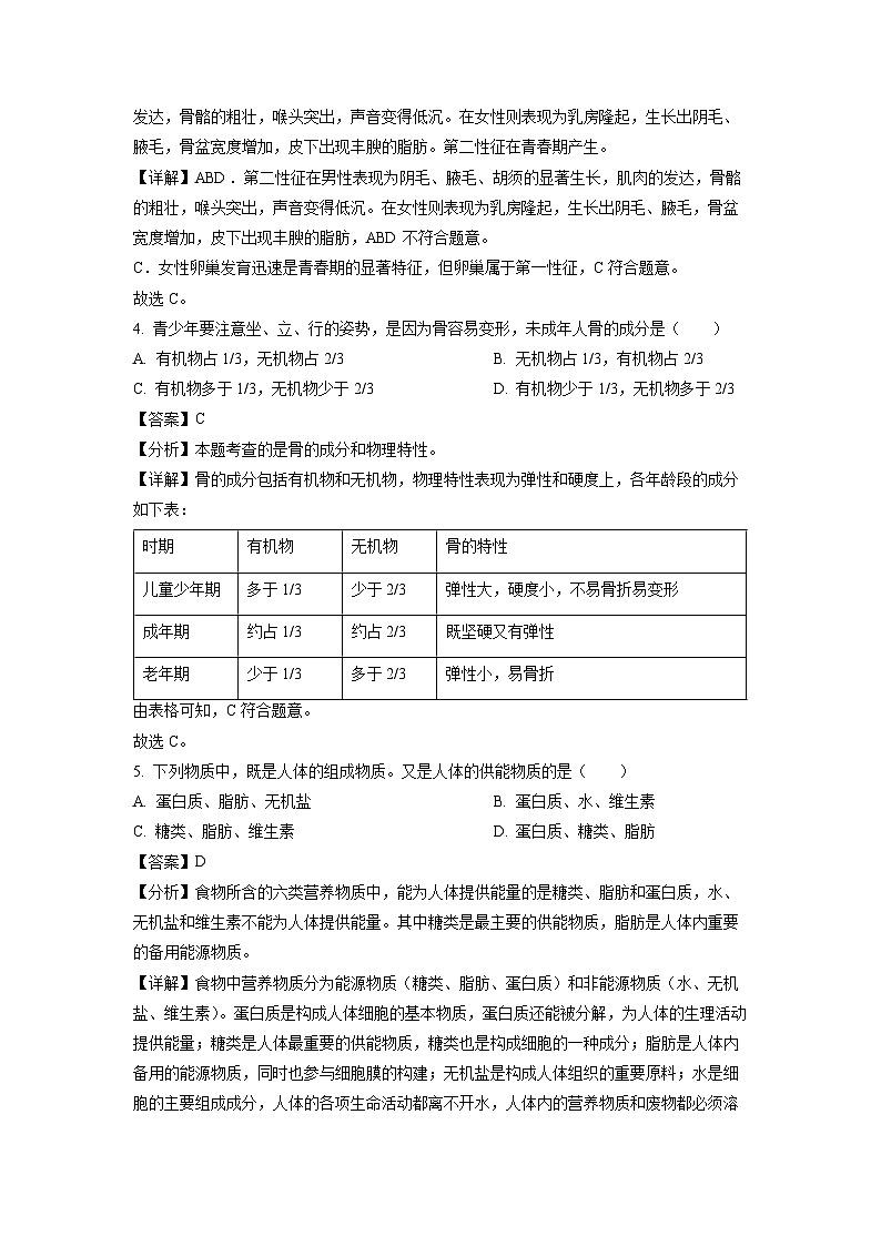 生物：辽宁省沈阳市法库县东湖第二初级中学2023-2024学年七年级下学期4月月考试题（解析版）第2页