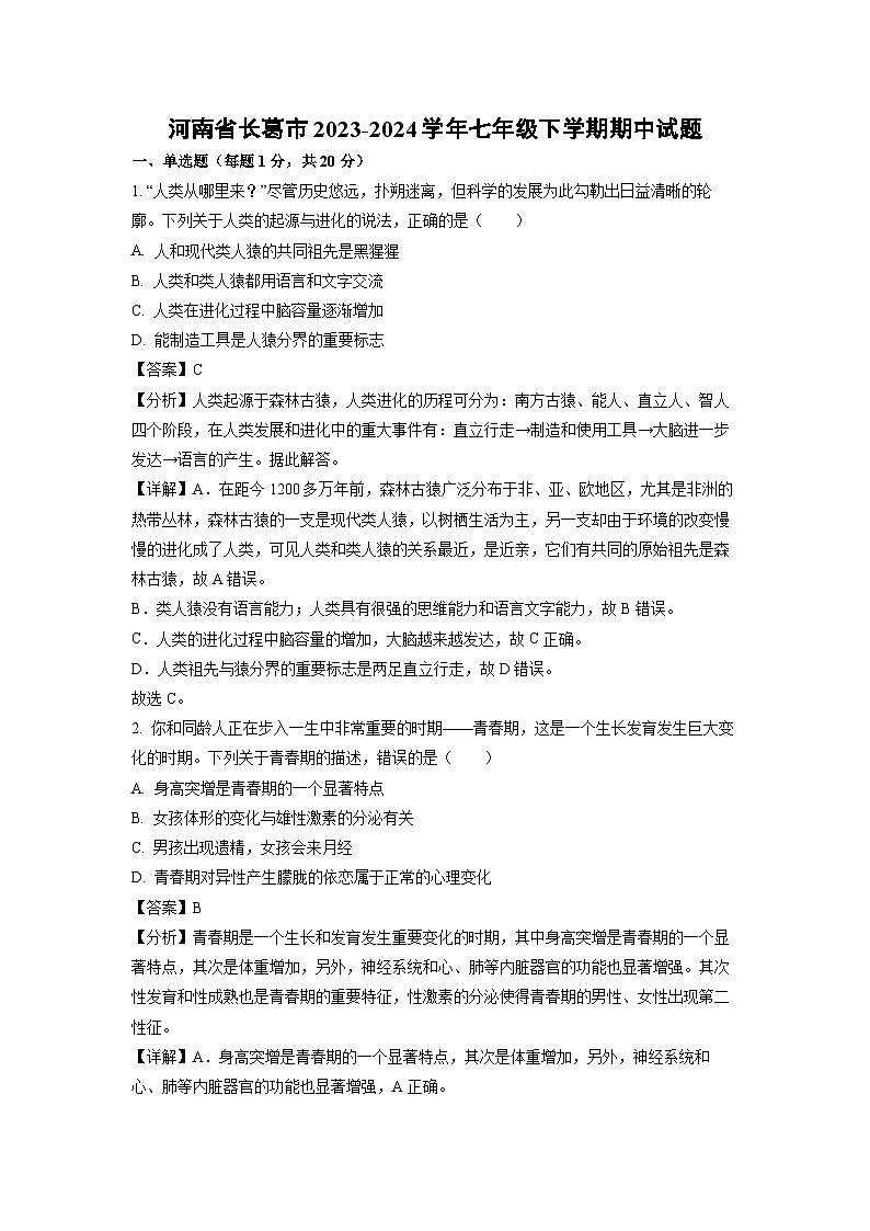 生物：河南省长葛市2023-2024学年七年级下学期期中试题（解析版）01