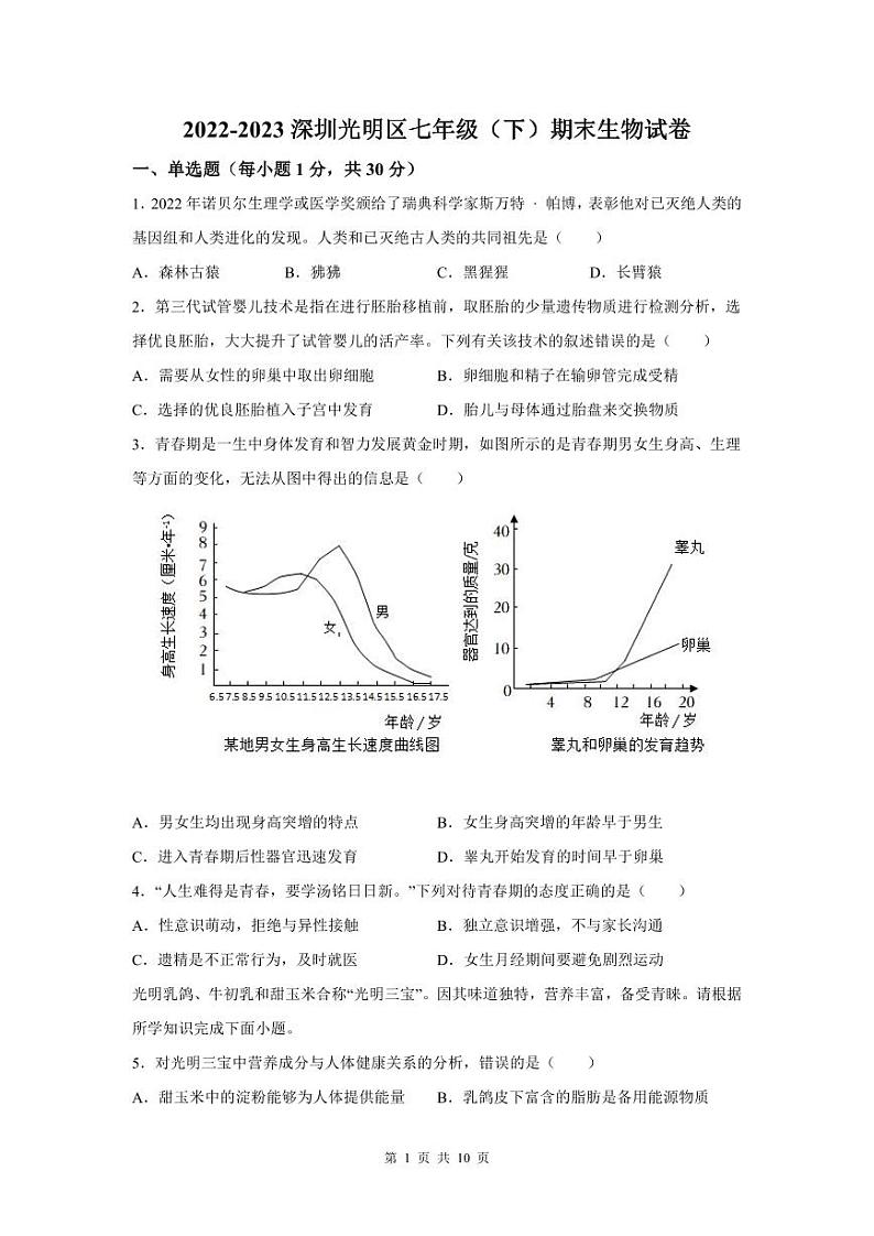 2022-2023学年深圳市光明区七年级下学期末生物试卷第1页