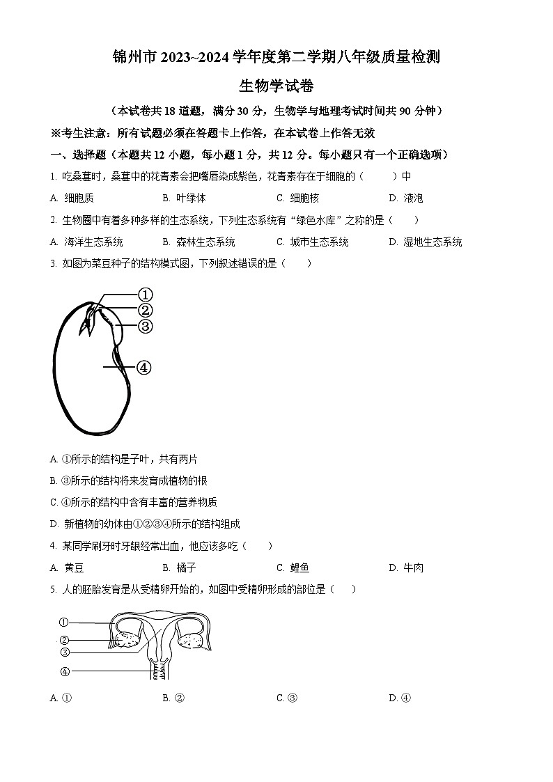 2024年辽宁省锦州市八年级中考二模生物试题（学生版）第1页