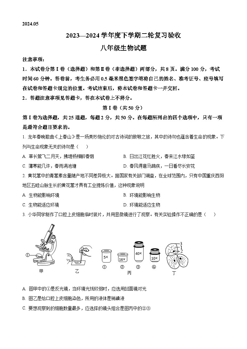 2024年山东省临沂市临沭县中考二模生物试题（学生版+教师版）01