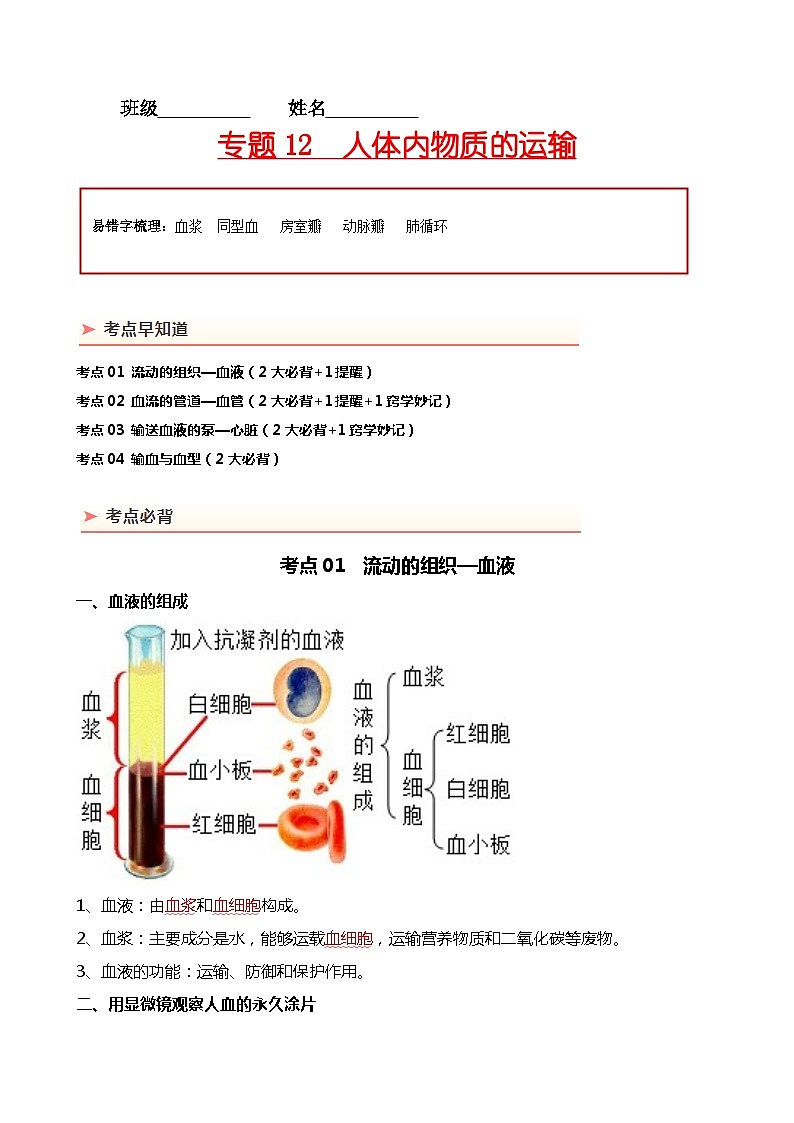 专题12 人体内物质的运输-备战2024年中考生物一轮复习考点帮第1页