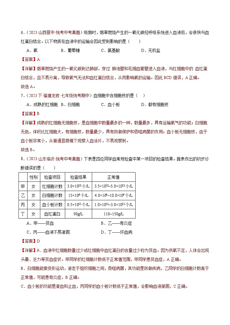 专题12 人体内物质的运输-备战2024年中考生物一轮复习考点帮（全国通用）第3页