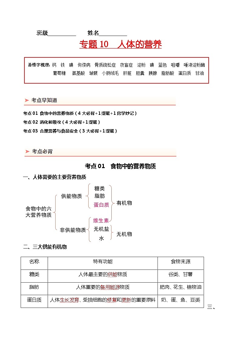 专题10 人体的营养-备战2024年中考生物一轮复习考点帮01