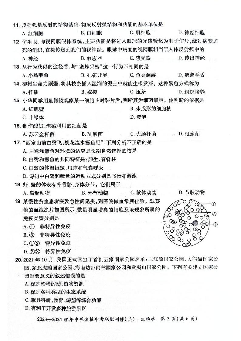 2024年河南省南阳市方城县六校联考中考三模生物试题03