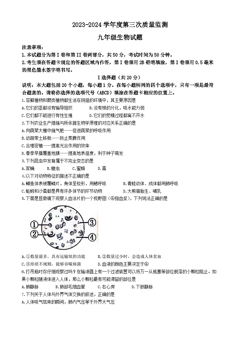 2024年山东省菏泽市鄄城县九年级中考三模生物试题第1页