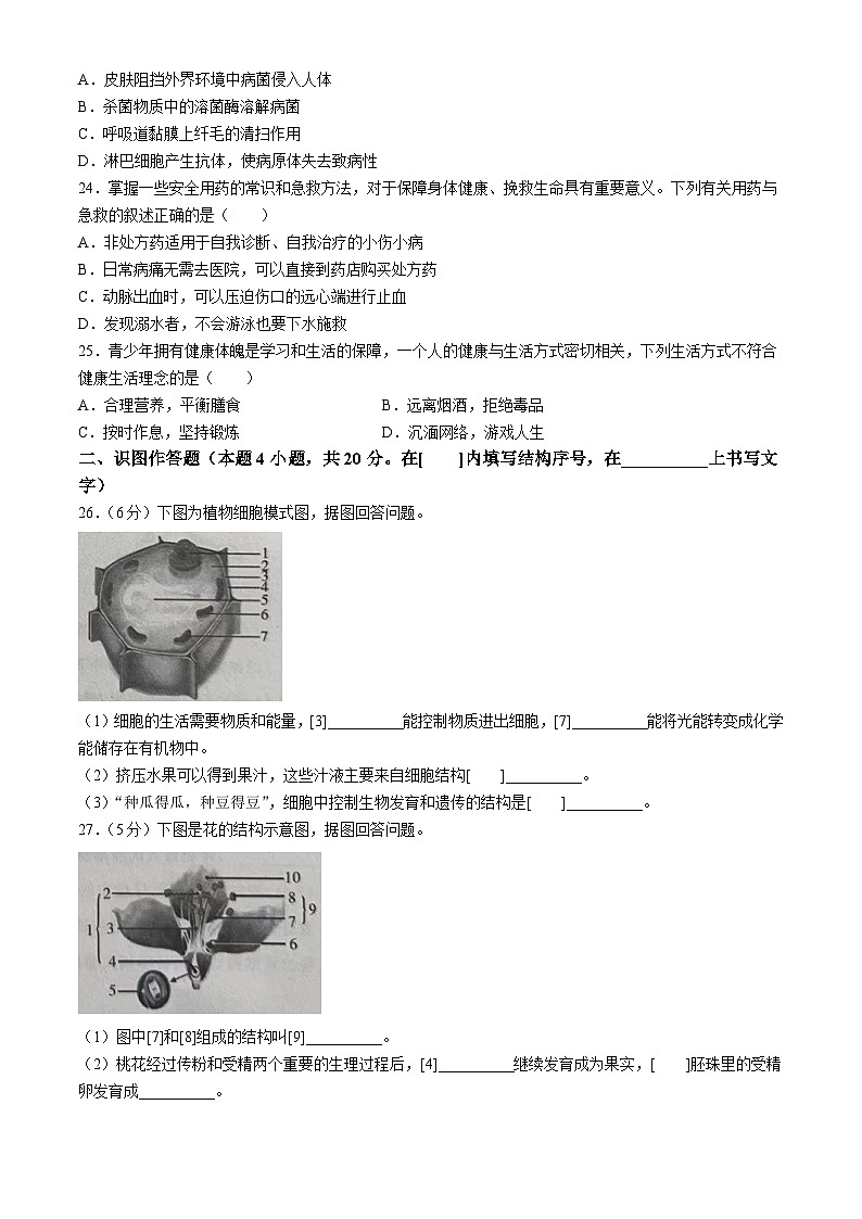 2024年黑龙江省牡丹江市初中学业水平考试第二次适应考试生物试卷(无答案)03