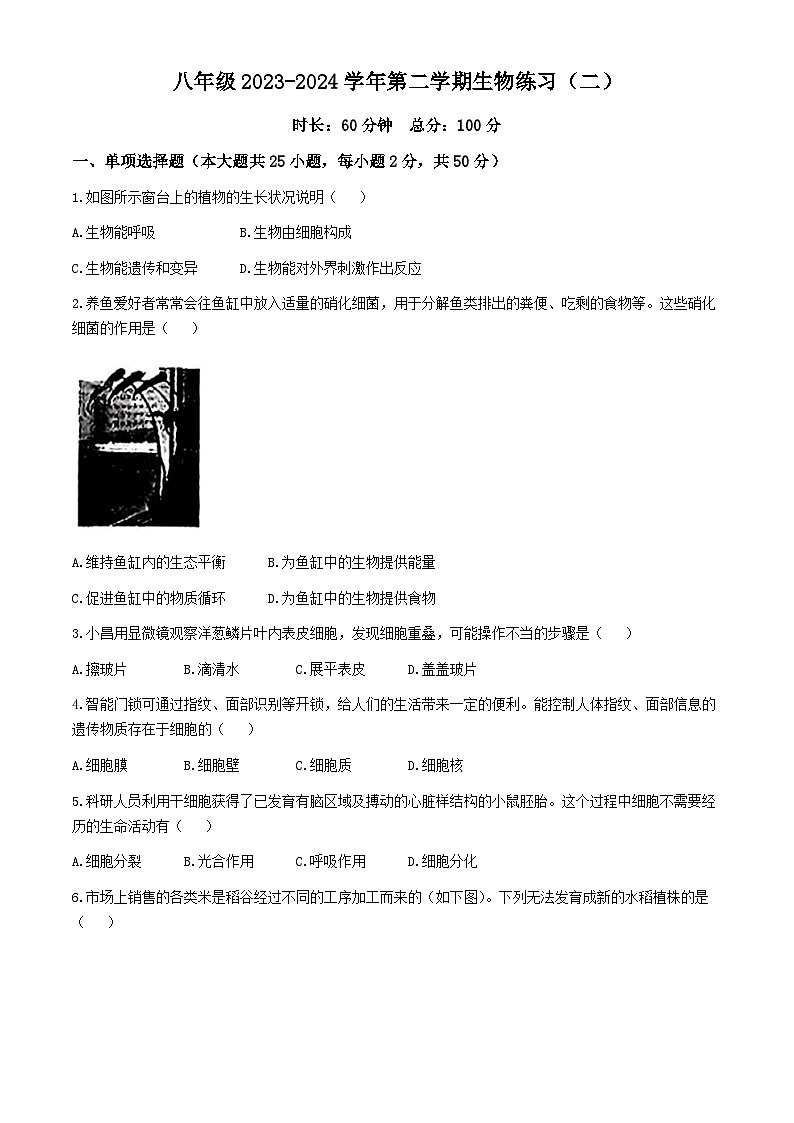 湖南省长沙市一中双语实验学校2023-2024学年八年级下学期生物月考（二）01