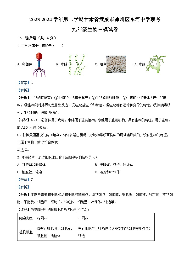 2024年甘肃省武威市凉州区东河中学联考九年级三模生物试题01