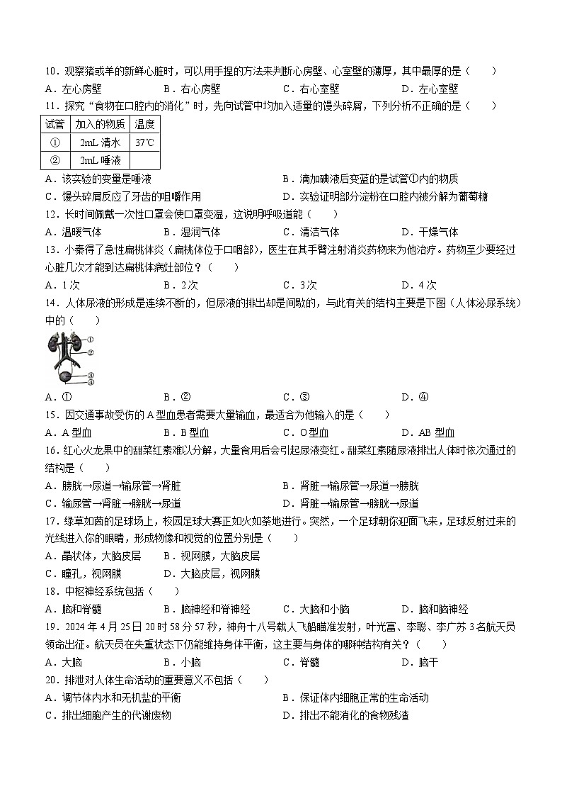 陕西省咸阳市永寿县蒿店中学、甘井中学2023-2024学年七年级下学期6月月考生物试题02