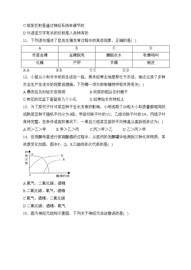 河南省驻马店市泌阳县2024届九年级下学期中考三模生物试卷(含答案)03