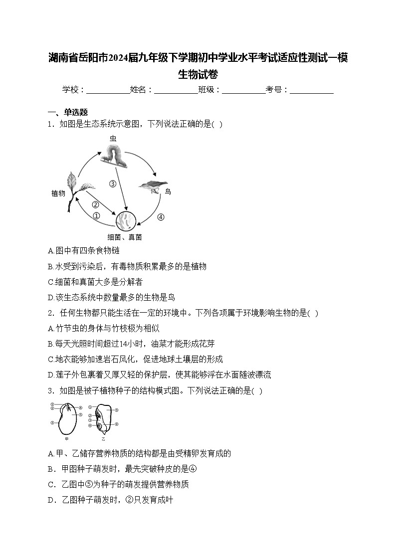 湖南省岳阳市2024届九年级下学期初中学业水平考试适应性测试一模生物试卷(含答案)01